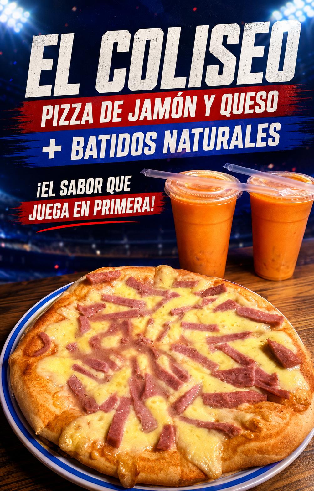 Promoción de pizza de jamón y queso con batidos naturales en El Coliseo